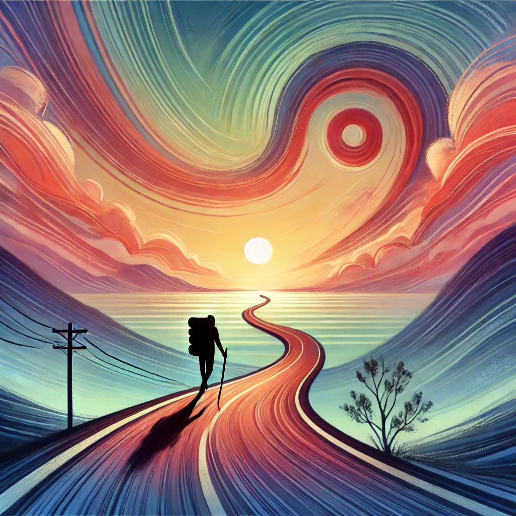 DALL·E 2025-01-04 14.13.20 - A poetic representation of a traveler walking on a long, winding road surrounded by vast landscapes. The scene includes a sunset with vibrant orange a