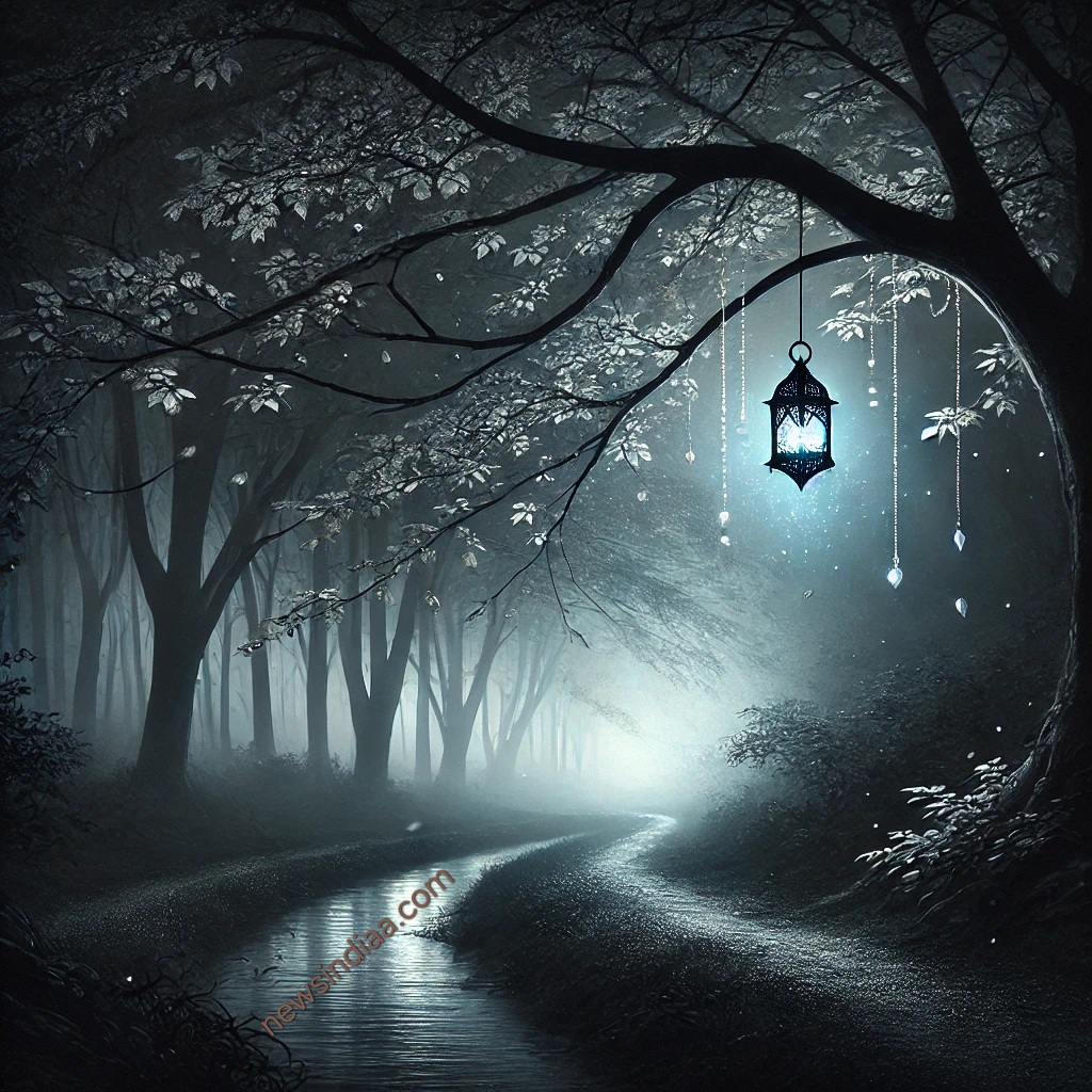DALL·E 2025-01-09 17.26.33 - A poetic representation of life with a dark and mystical tone. A serene path under a canopy of dense, shadowy trees. The scene transitions from dim li