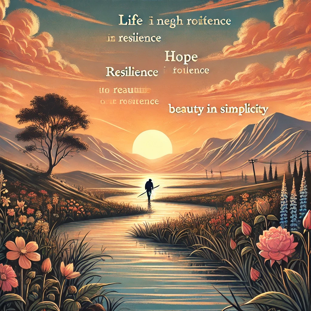 DALL·E 2025-01-10 07.38.59 - A serene and inspiring illustration capturing the essence of life through poetry. The image features a sunrise over a tranquil landscape with mountain