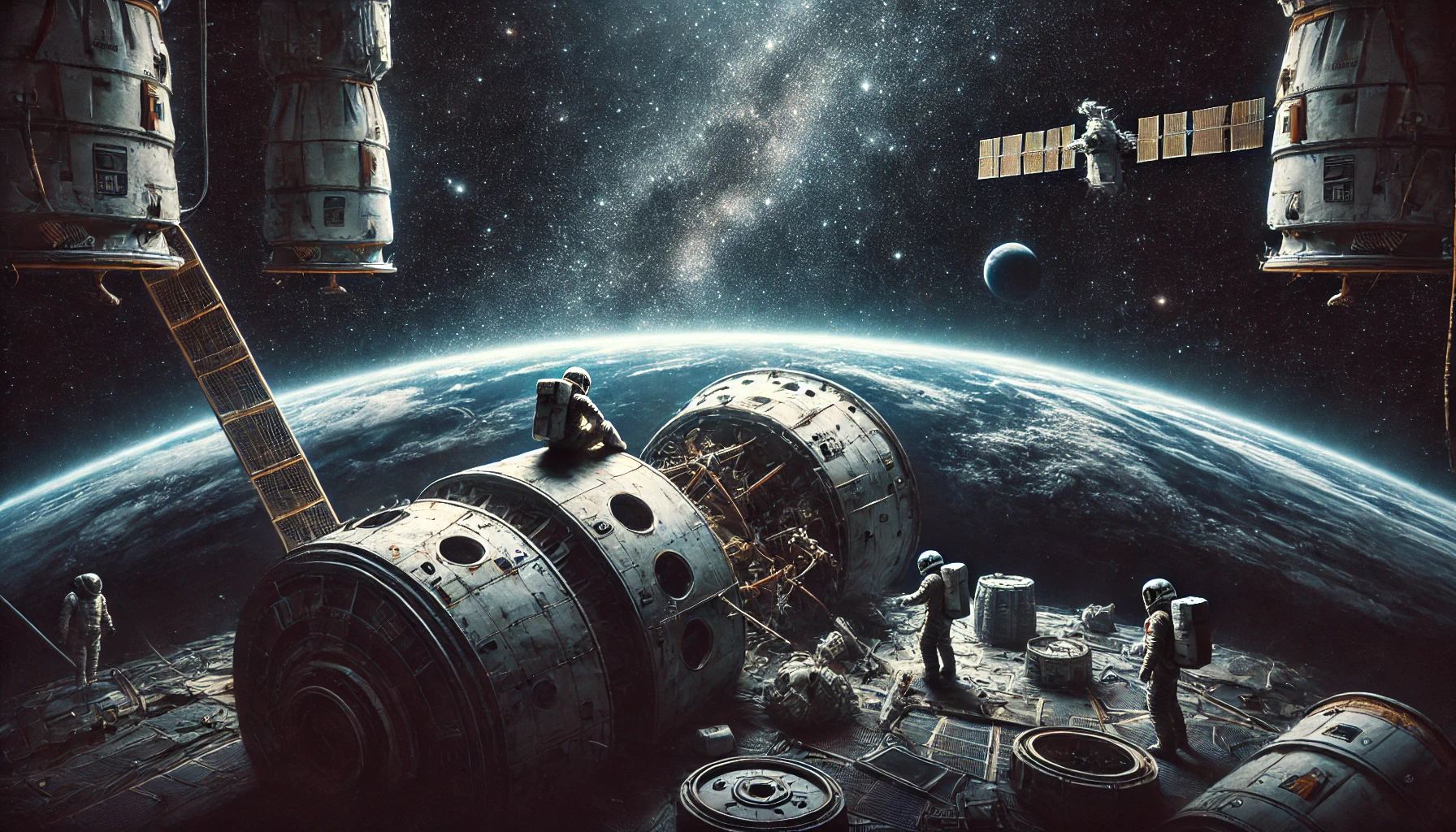 DALL·E 2025-03-23 21.38.35 - A dramatic digital painting of two astronauts stranded in space, floating outside a damaged spacecraft with Earth visible in the background. The astro